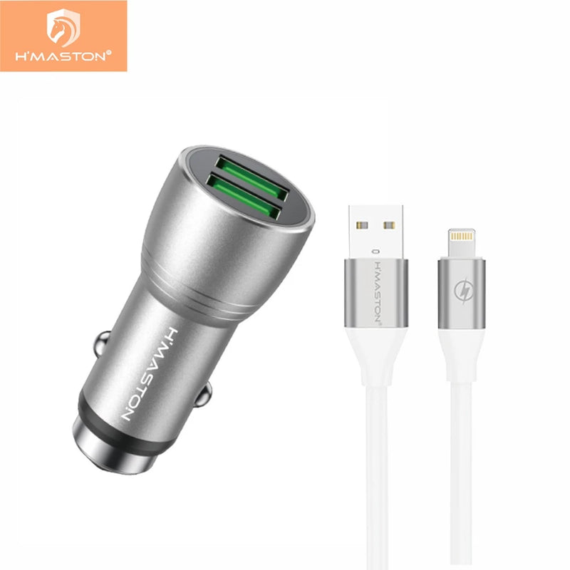 Carregador Veicular L01 com 2 USB 4.8A + Cabo V8, iPhone ou Tipo-C – Rápido e Compatível com Todos os Celulares
