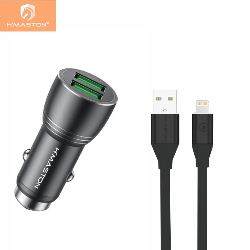 Carregador Veicular L01 com 2 USB 4.8A + Cabo V8, iPhone ou Tipo-C – Rápido e Compatível com Todos os Celulares